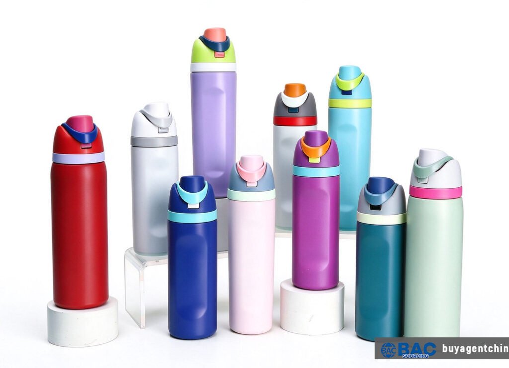 Stock/entry-tier 304 flip-lid bottle in multi-tone colorways (Source: supplier photo)