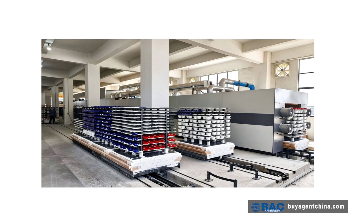 02 Fábrica de cerámica de Dehua: horno y estantes cargados con piezas de porcelana