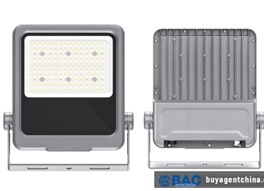 02 Front and back of a 100W flood light shell. The price gap is inside — the LED bin and driver brand — not visible on the outside