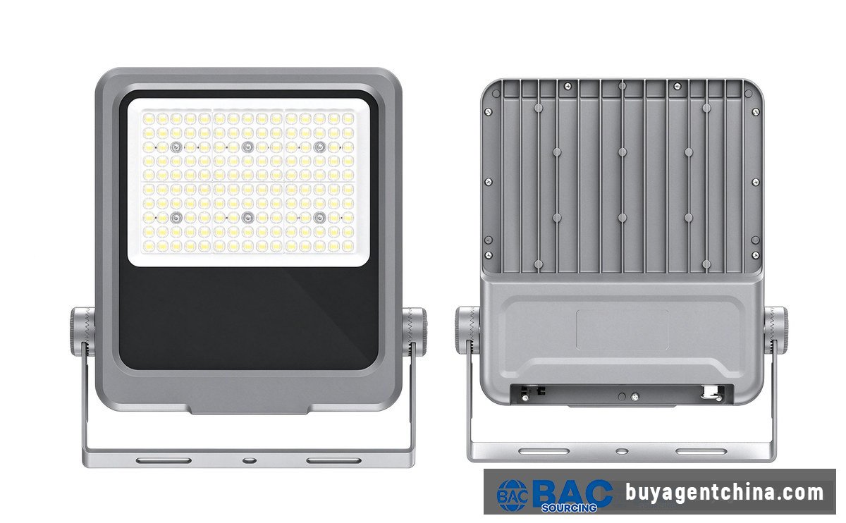 02 Front and back of a 100W flood light shell. The price gap is inside — the LED bin and driver brand — not visible on the outside