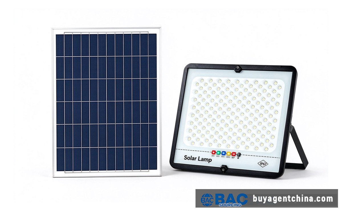 03 A solar LED flood light with separate panel — a different product class buyers often mix up with wired 100W units