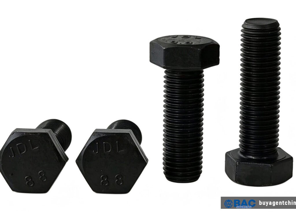 Class 8.8 black-oxide hex head bolts, the stock volume model that prices from cents — note the grade and maker marking on the head (source: supplier photo)